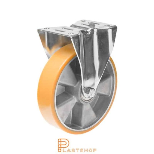 [P2001158] Fast bygel, plat, hjuldiameter 150 mm, byggehøyde 195 mm, nav i aluminium med myk bane i PUR i oransje farge. 350 kg bæreevne, doble kulelager