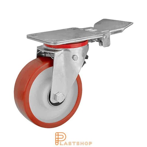 [P2000994] Fast bygel, platta, hjuldiameter 150 mm, bygghöjd 195 mm, nav i PA6 med mjuk bana i PUR i röd färg. 350 kg bärighet, dubbla kullager