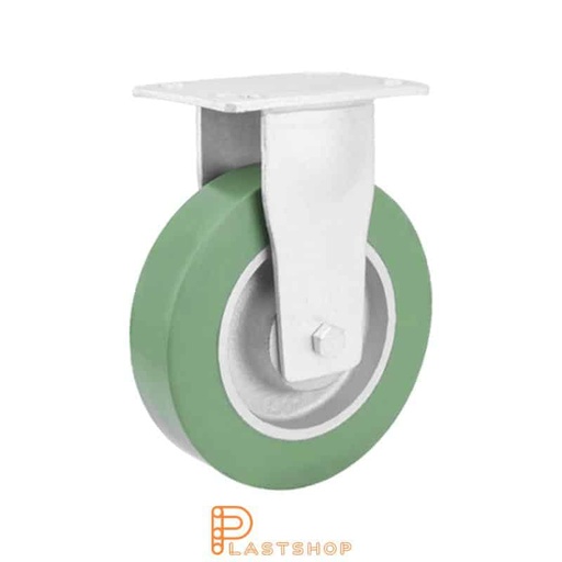 [P2001666] Kiinteä pyöräntuenta, taso, pyörän halkaisija 150 mm, rakennuskorkeus 200 mm, navassa valurauta, pehmeä ura ElastoPUR:sta vihreässä värissä. 450 kg kantavuus, kaksi palloliikuntalaakeria