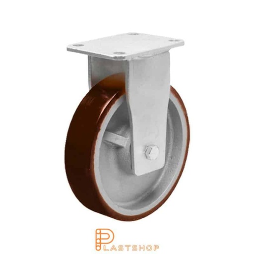 [P2001663] Fast bygel, plat, hjuldiameter 150 mm, byggehøyde 200 mm, nav i støpejern med myk bane i PUR i rød farge. 750 kg bæreevne, doble kulelager