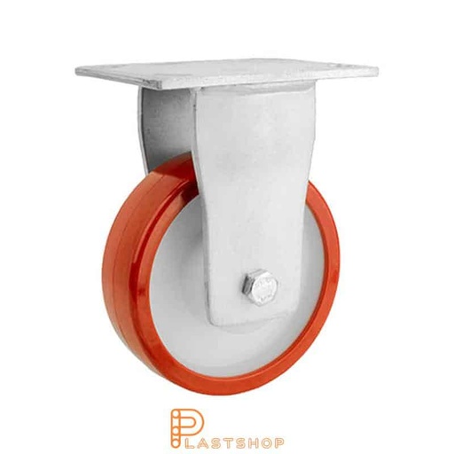 [P2001660] Fast bygel, plat, hjuldiameter 150 mm, byggehøyde 200 mm, nav i PA6 med myk bane i PUR i rød farge. 600 kg bæreevne, doble kulelager