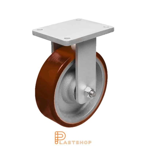 [P2001734] Fast bygel, plat, hjuldiameter 150 mm, byggehøyde 212 mm, nav i støpejern med myk bane i PUR i oransje farge. 1000 kg bæreevne, doble kulelager