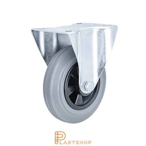 [P2000553] Fast bygel, plat, hjuldiameter 160 mm, byggehøyde 195 mm, nav i PP med myk bane i gummi i grå farge. 180 kg bæreevne, rullelager