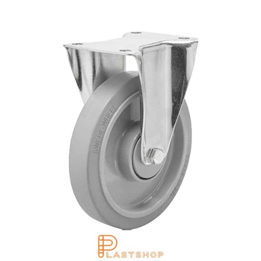 [P2001329] Fast bygel, plat, hjuldiameter 160 mm, byggehøyde 196 mm, nav i PA6 med myk bane i ElastoGum i grå farge. 350 kg bæreevne, doble kulelager