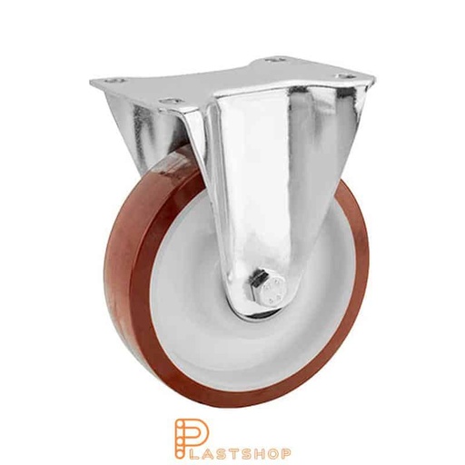 [P2001323] Fast bygel, plat, hjuldiameter 160 mm, byggehøyde 196 mm, nav i PA6 med myk bane i PUR i rød farge. 400 kg bæreevne, doble kulelager