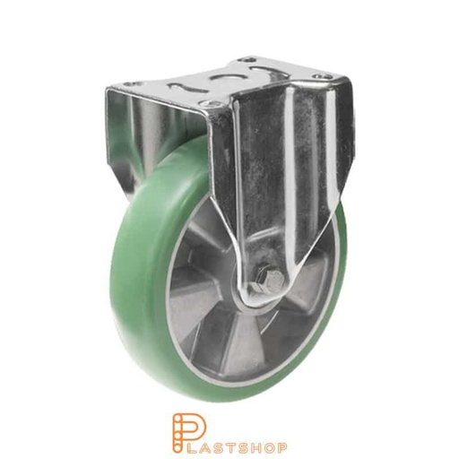 [P2001519] Fast bygel, plat, hjuldiameter 160 mm, byggehøyde 199 mm, nav i aluminium med myk bane i ElastoPUR i grønn farge. 550 kg bæreevne, doble kulelager