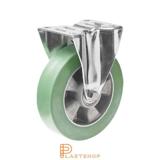 [P2001172] Fixed bracket, flat, wheel diameter 160 mm, construction height 200 mm, hub in aluminium with soft running surface in ElastoPUR in grön. 350 kg load capacity, double ball bearing
