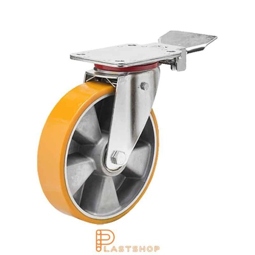 [P2001037] Fixed bracket, flat, wheel diameter 160 mm, construction height 200 mm, hub in aluminium with soft running surface in PUR in orange. 350 kg load capacity, double ball bearing