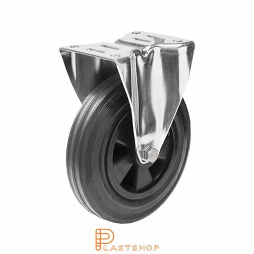 [P2001162] Soporte fijo, placa, diámetro de la rueda 160 mm, altura de construcción 200 mm, eje en PP con pista suave en goma de color negro. 135 kg de carga, rodamientos