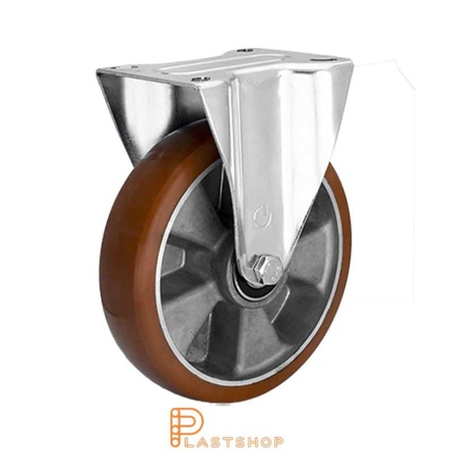 [P2000571] Soporte fijo, placa, diámetro de la rueda 200 mm, altura de construcción 235 mm, eje en aluminio con pista suave en ElastoPUR de color marrón. 400 kg de carga, cojinetes de bolas dobles