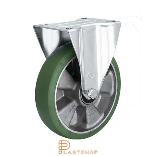 [P2000572] Fast bygel, plat, hjuldiameter 200 mm, byggehøyde 235 mm, nav i aluminium med myk bane i ElastoPUR i grønn farge. 350 kg bæreevne, doble kulelager