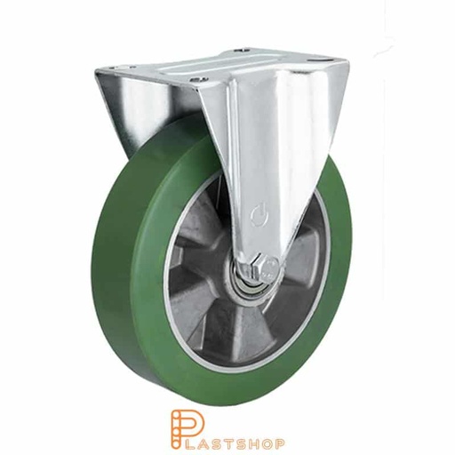 [P2000575] Fixed bracket, flat, wheel diameter 200 mm, construction height 235 mm, hub in aluminium with soft running surface in ElastoPUR in grön. 400 kg load capacity, double ball bearing