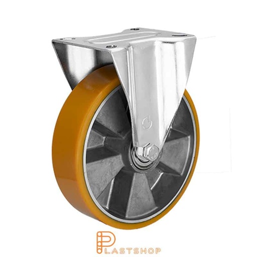 [P2000570] Soporte fijo, placa, diámetro de la rueda 200 mm, altura de construcción 235 mm, buje en aluminio con banda suave en PUR de color amarillo. 350 kg de carga, rodamientos de bolas dobles