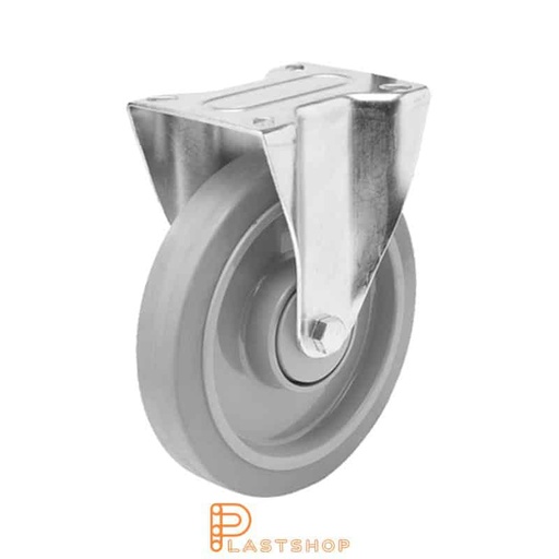 [P2000576] Soporte fijo, placa, diámetro de la rueda 200 mm, altura de construcción 235 mm, eje en PA6 con pista suave en ElastoGum de color gris. 350 kg de carga, cojinetes de bolas dobles