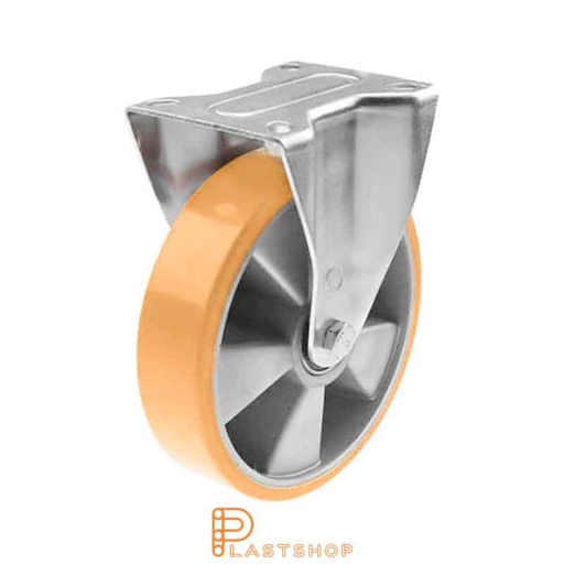 [P2000573] Soporte fijo, placa, diámetro de la rueda 200 mm, altura de construcción 235 mm, buje en PA6 con banda suave en PUR de color naranja. 350 kg de carga, rodamientos de bolas