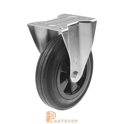 [P2000504] Soporte fijo, placa, diámetro de la rueda 200 mm, altura de construcción 235 mm, eje en PP con pista suave en goma de color negro. 205 kg de carga, rodamientos