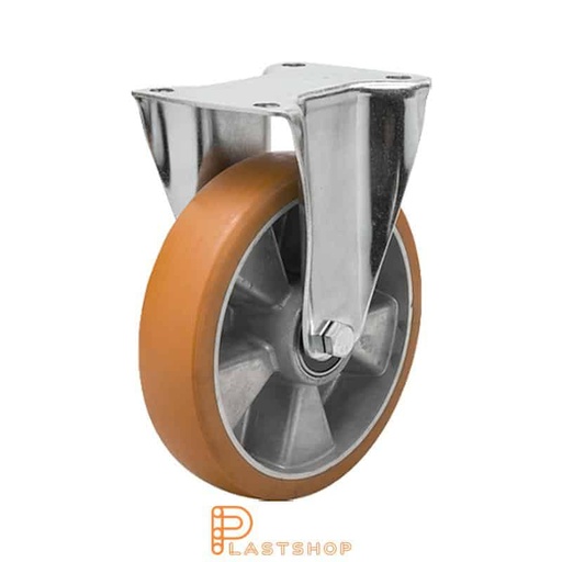 [P2001339] Fixed bracket, flat, wheel diameter 200 mm, construction height 239 mm, hub in aluminium with soft running surface in ElastoPUR in brun. 400 kg load capacity, double ball bearing