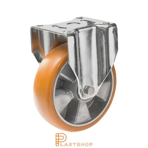 [P2001528] Soporte fijo, placa, diámetro de la rueda 200 mm, altura de construcción 239 mm, eje en aluminio con pista suave en ElastoPUR de color marrón. 800 kg de carga, cojinetes de bolas dobles