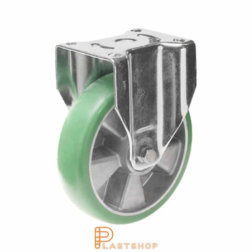 [P2001532] Fixed bracket, flat, wheel diameter 200 mm, construction height 239 mm, hub in aluminium with soft running surface in ElastoPUR in grön. 700 kg load capacity, double ball bearing