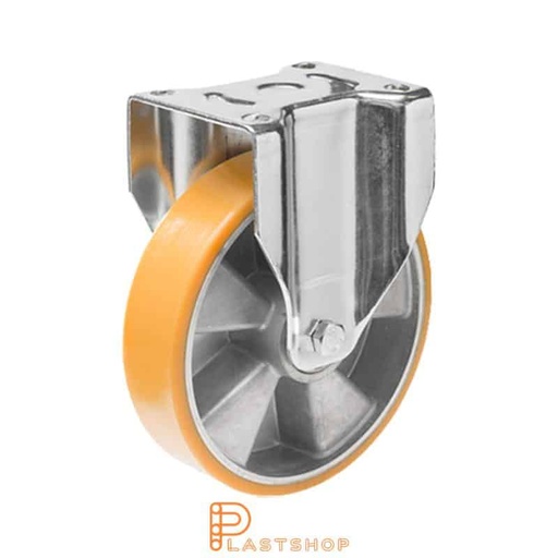 [P2001527] Soporte fijo, placa, diámetro de la rueda 200 mm, altura de construcción 239 mm, eje en aluminio con pista suave en PUR de color naranja. 800 kg de carga, cojinetes de bolas dobles