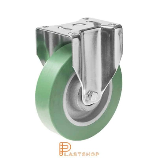 [P2001534] Kiinteä pyöräntuenta, taso, pyörän halkaisija 200 mm, rakennuskorkeus 239 mm, navassa valurauta, pehmeä ura ElastoPUR:sta vihreässä värissä. 700 kg kantavuus, kaksi palloliikuntalaakeria