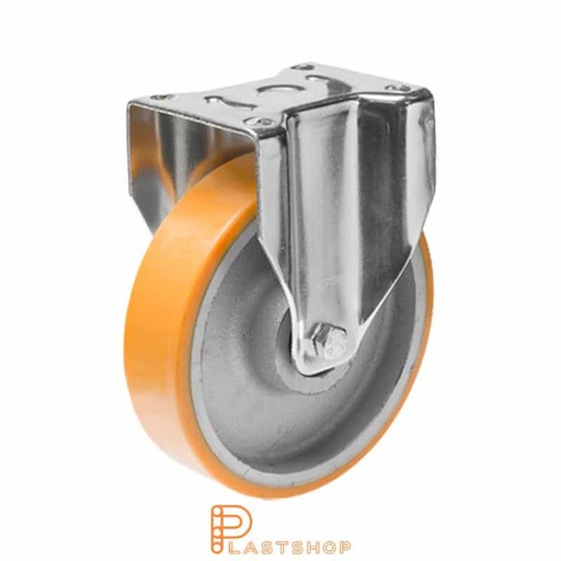 [P2001530] Fixed bracket, flat, wheel diameter 200 mm, construction height 239 mm, hub in cast iron with soft running surface in PUR in orange color. 800 kg load capacity, double ball bearing