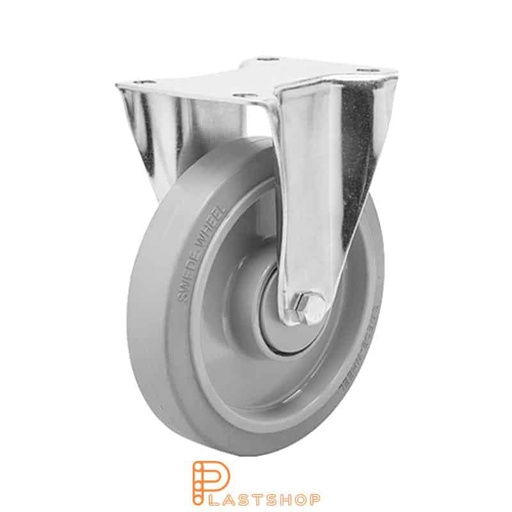 [P2001343] Fixed bracket, flat, wheel diameter 200 mm, construction height 239 mm, hub in PA6 with soft running surface in ElastoGum in grey color. 350 kg load capacity, double ball bearing