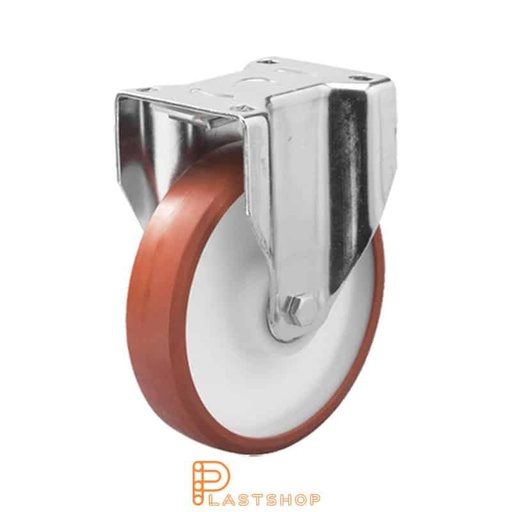 [P2001525] Fixed bracket, flat, wheel diameter 200 mm, construction height 239 mm, hub in PA6 with soft running surface in PUR in red color. 500 kg load capacity, double ball bearing