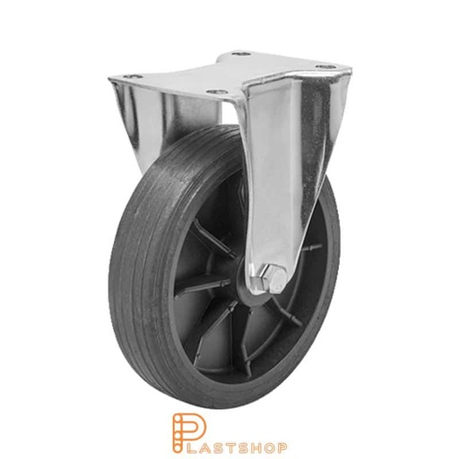 [P2001334] Fast bjelke, plate, hjuldiameter 200 mm, byggehøyde 239 mm, nav i PP med myk bane i ReGum i svart farge. 120 kg bæreevne, glidelager