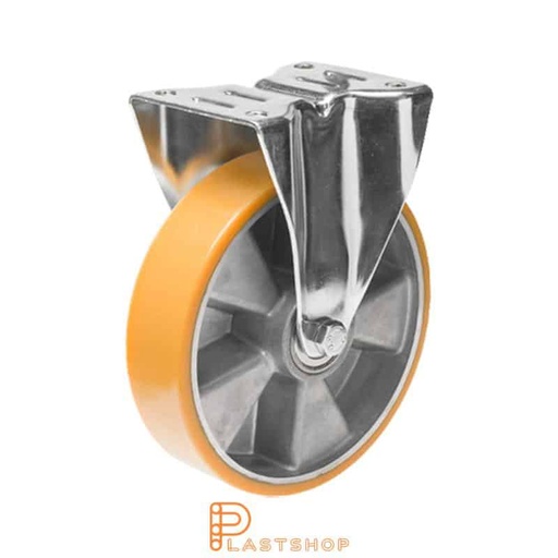 [P2001181] Fast bygel, plat, hjuldiameter 200 mm, byggehøyde 240 mm, nav i aluminium med myk bane i PUR i oransje farge. 400 kg bæreevne, doble kulelager