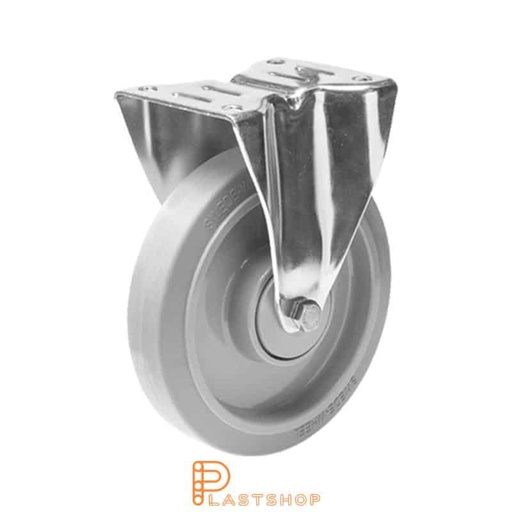 [P2001186] Fixed bracket, flat, wheel diameter 200 mm, construction height 240 mm, hub in PA6 with soft running surface in ElastoGum in grey color. 350 kg load capacity, double ball bearing