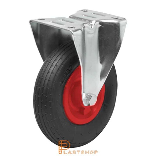[P2001177] Fast bjelke, plate, hjuldiameter 200 mm, byggehøyde 240 mm, nav i PP med myk bane i luftgummi i rød farge. 75 kg bæreevne, rullager