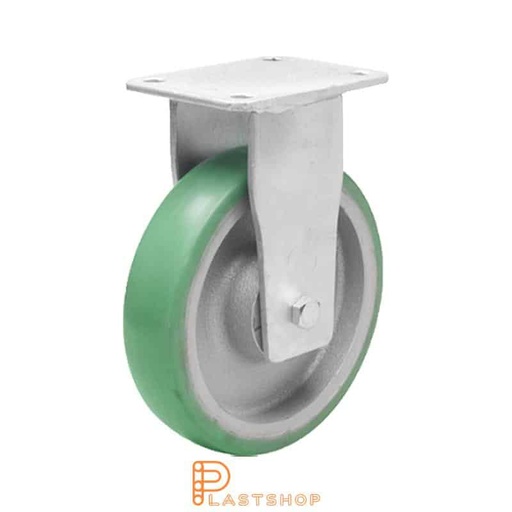 [P2001679] Fixed bracket, flat, wheel diameter 200 mm, construction height 245 mm, hub in cast iron with soft running surface in ElastoPUR in green color. 700 kg load capacity, double ball bearing