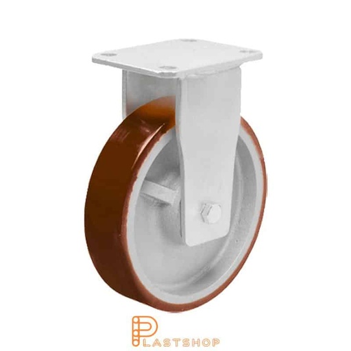 [P2001677] Fixed bracket, flat, wheel diameter 200 mm, construction height 245 mm, hub in cast iron with soft running surface in PUR in red color. 1000 kg load capacity, double ball bearing