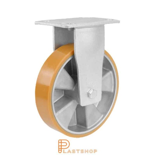 [P2001674] Fast bygel, plat, hjuldiameter 200 mm, byggehøyde 250 mm, nav i aluminium med myk bane i PUR i oransje farge. 800 kg bæreevne, doble kulelager