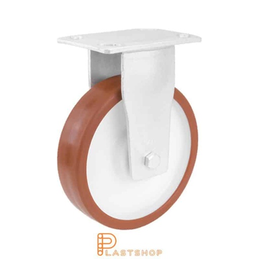 [P2001672] Fixed bracket, flat, wheel diameter 200 mm, construction height 250 mm, hub in PA6 with soft running surface in PUR in red color. 750 kg load capacity, double ball bearing