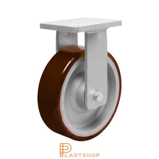 [P2001710] Fixed bracket, flat, wheel diameter 200 mm, construction height 264 mm, hub in cast iron with soft running surface in PUR in orange color. 1400 kg load capacity, double ball bearing