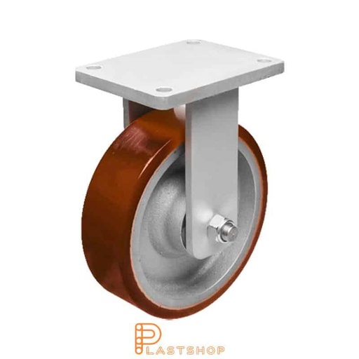 [P2001736] Fast bygel, plat, hjuldiameter 200 mm, byggehøyde 264 mm, nav i støpejern med myk bane i PUR i oransje farge. 1400 kg bæreevne, doble kulelager