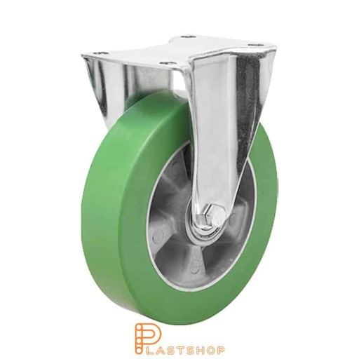 [P2001349] Fixed bracket, flat, wheel diameter 250 mm, construction height 290 mm, hub in aluminium with soft running surface in ElastoPUR in grön. 400 kg load capacity, double ball bearing