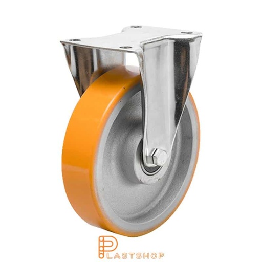 [P2001348] Fixed bracket, flat, wheel diameter 250 mm, construction height 290 mm, hub in cast iron with soft running surface in PUR in orange. 400 kg load capacity, double ball bearing