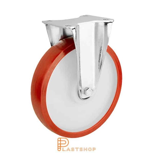 [P2001346] Fixed bracket, flat, wheel diameter 250 mm, construction height 290 mm, hub in PA6 with soft running surface in PUR in röd. 400 kg load capacity, double ball bearing