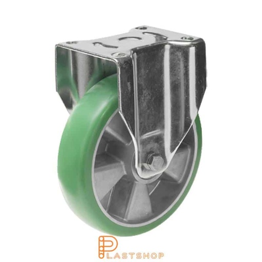 [P2001541] Fixed bracket, flat, wheel diameter 250 mm, construction height 292 mm, hub in aluminium with soft running surface in ElastoPUR in grön. 750 kg load capacity, double ball bearing