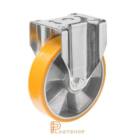 [P2001537] Fixed bracket, flat, wheel diameter 250 mm, construction height 292 mm, hub in aluminium with soft running surface in PUR in orange. 800 kg load capacity, double ball bearing