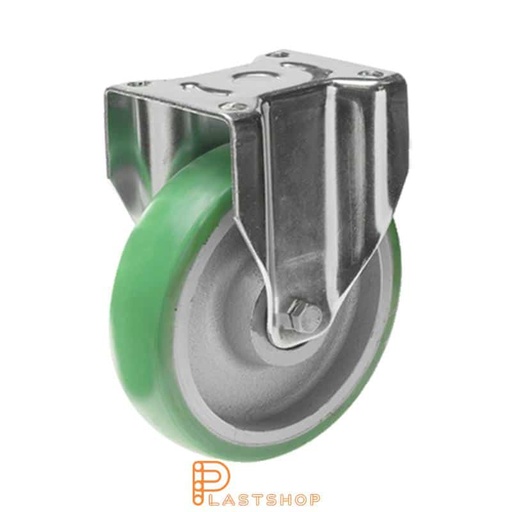 [P2001542] Fixed bracket, flat, wheel diameter 250 mm, construction height 292 mm, hub in cast iron with soft running surface in ElastoPUR in grön. 750 kg load capacity, double ball bearing