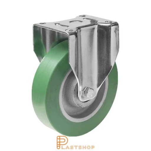 [P2001543] Fixed bracket, flat, wheel diameter 250 mm, construction height 292 mm, hub in cast iron with soft running surface in ElastoPUR in grön. 750 kg load capacity, double ball bearing