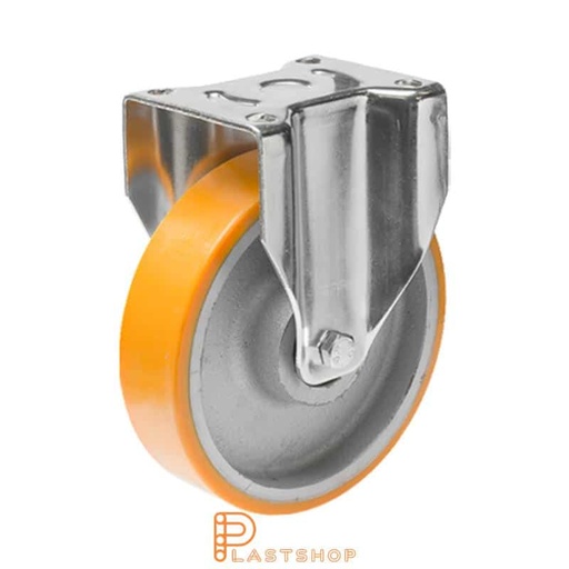 [P2001539] Fixed bracket, flat, wheel diameter 250 mm, construction height 292 mm, hub in cast iron with soft running surface in PUR in orange. 800 kg load capacity, double ball bearing