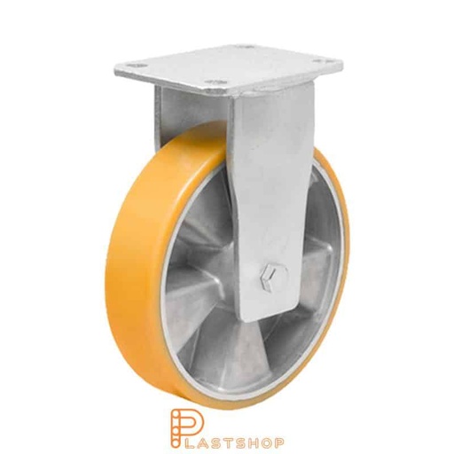 [P2001686] Fixed bracket, flat, wheel diameter 250 mm, construction height 300 mm, hub in aluminium with soft running surface in PUR in orange. 1000 kg load capacity, double ball bearing
