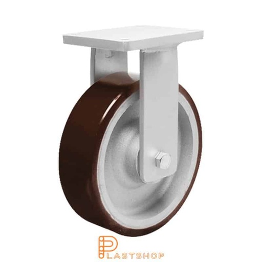 [P2001712] Fixed bracket, flat, wheel diameter 250 mm, construction height 314 mm, hub in cast iron with soft running surface in PUR in orange. 1800 kg load capacity, double ball bearing