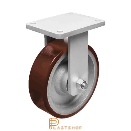 [P2001738] Fixed bracket, flat, wheel diameter 250 mm, construction height 314 mm, hub in cast iron with soft running surface in PUR in orange. 1800 kg load capacity, double ball bearing