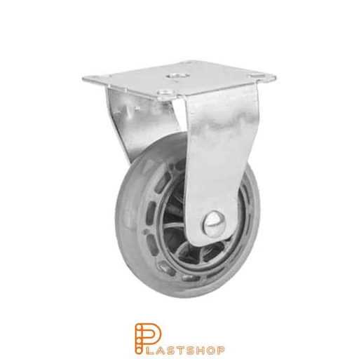[P2000244] Fixed bracket, plate, wheel diameter 75 mm, construction height 99 mm, hub in PC with soft band in PUR in transparent. 55 kg load capacity, slide bearing